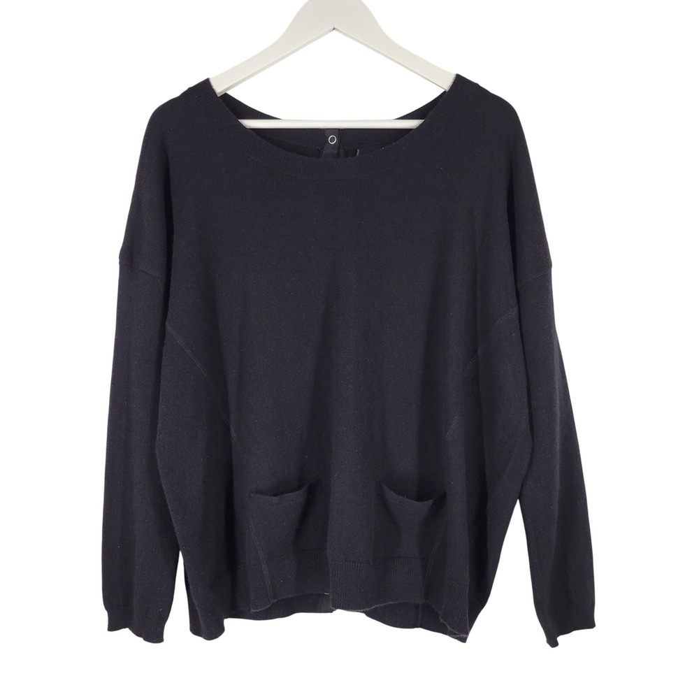 AQUA Cashmere Black Crew Neck Button Back‎ Sweater Womens Size S Pockets